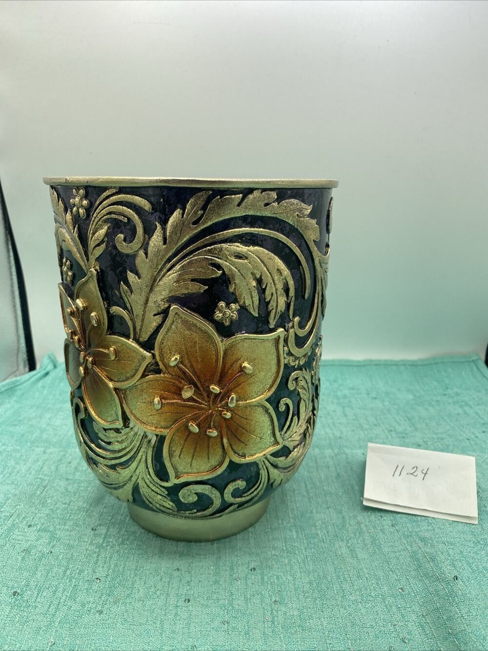 OK LIGHTING DECORATIVE VASE - Purple With 3D Gold Accents 6.5”X 8.5” Tall
